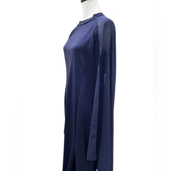 Evening Gown Chiffon Cape Sleeve Maxi Dress Slit Dark Blue Size Large NWOT - Picture 5 of 14